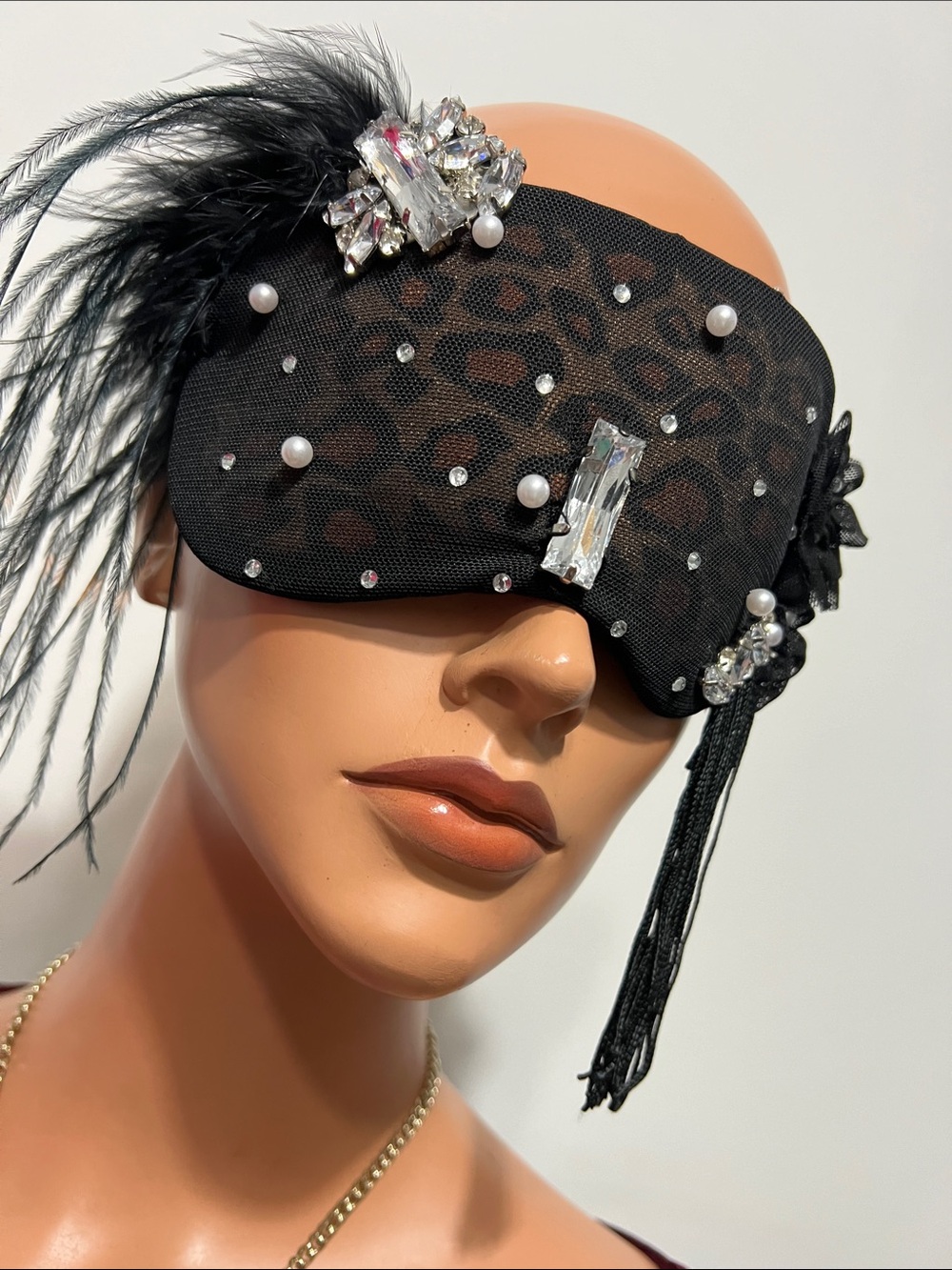 Black Embellished Feathered Masquerade Eye Mask